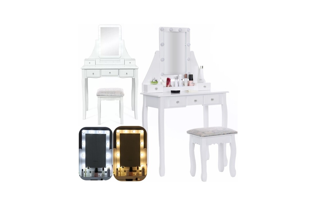 Kaptafel wit met spiegel en kruk | 147x80x40 cm | Hout & MDF