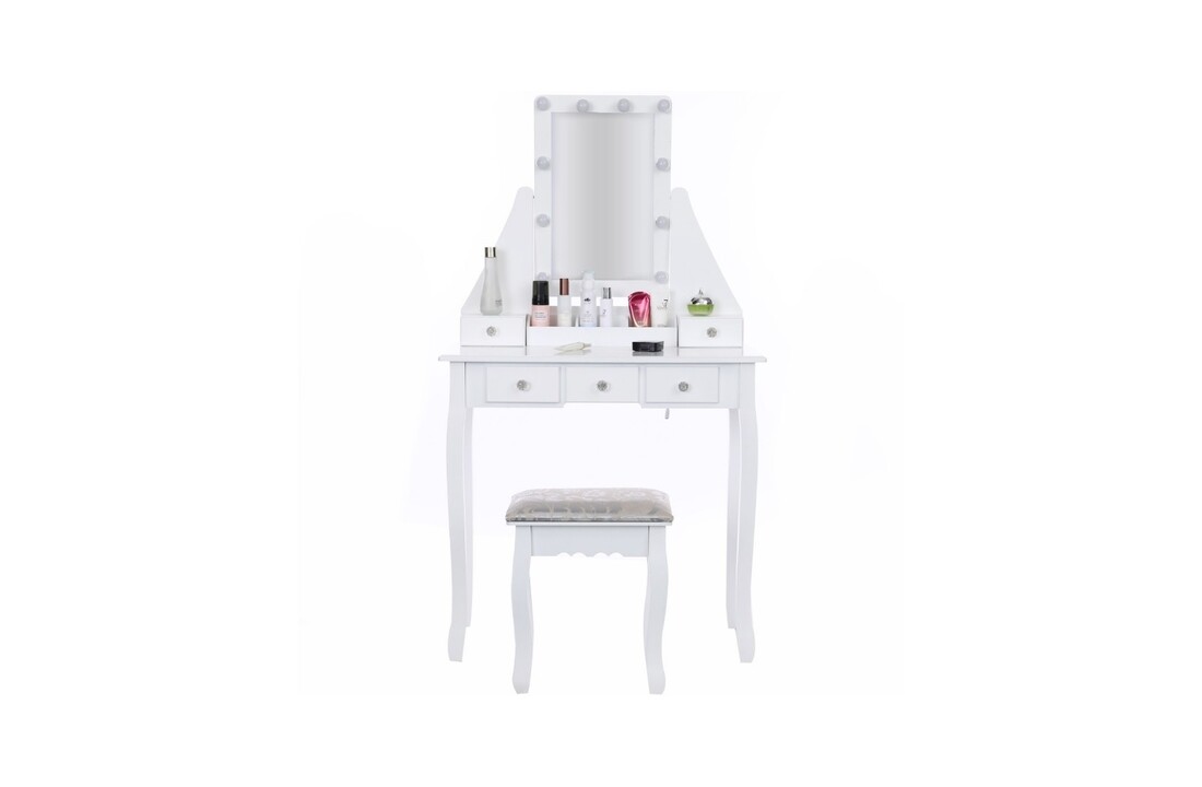 Kaptafel wit met spiegel en kruk | 147x80x40 cm | Hout & MDF