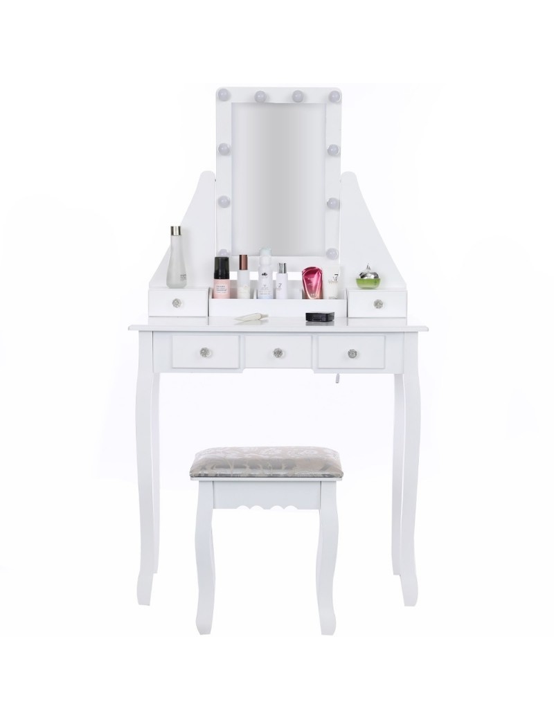 Kaptafel wit met spiegel en kruk | 147x80x40 cm | Hout & MDF