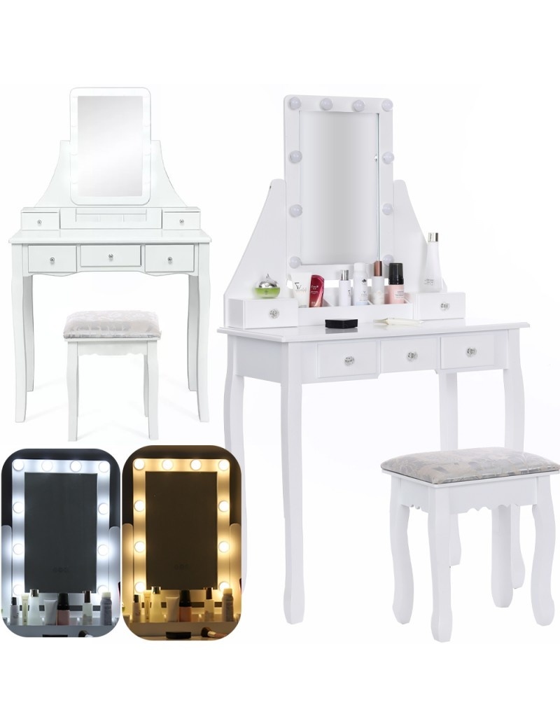 Houten kaptafel set - Wit MDF - 147x80x40cm - LED spiegel