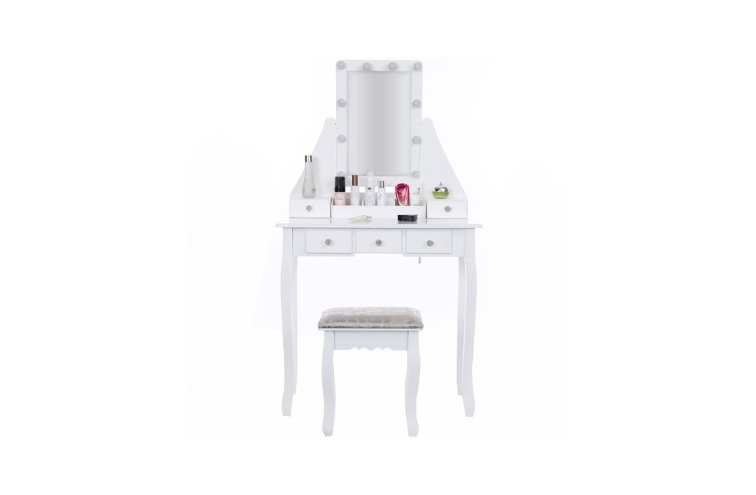 Houten kaptafel set - Wit MDF - 147x80x40cm - LED spiegel