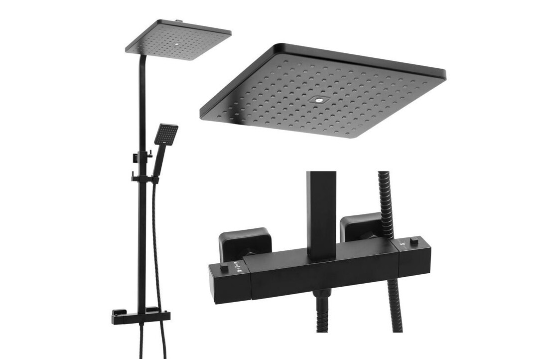 Doucheset zwart: Regendouche 30cm, Thermostaatkraan, Matzwart Messing/RVS