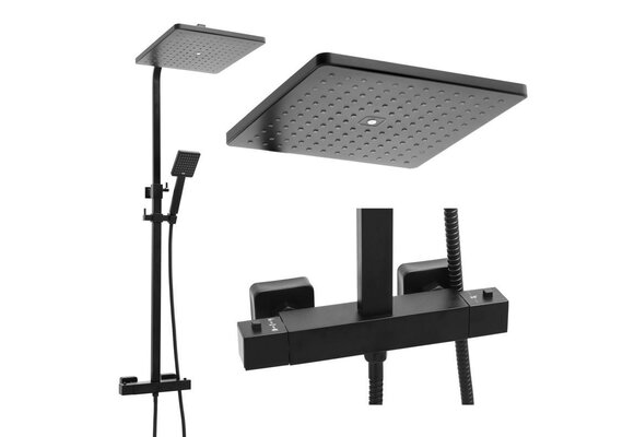 Doucheset zwart: Regendouche 30cm, Thermostaatkraan, Matzwart Messing/RVS