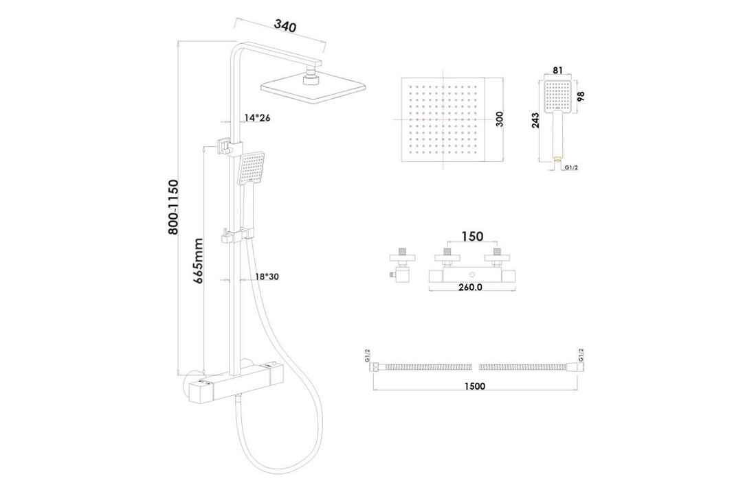 Doucheset zwart: Regendouche 30cm, Thermostaatkraan, Matzwart Messing/RVS