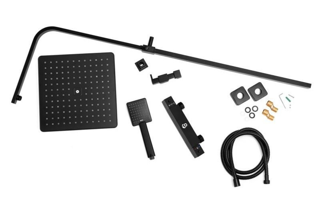 Thermostaat douche zwart: Matzwarte Regendoucheset 30x30cm RVS & Messing