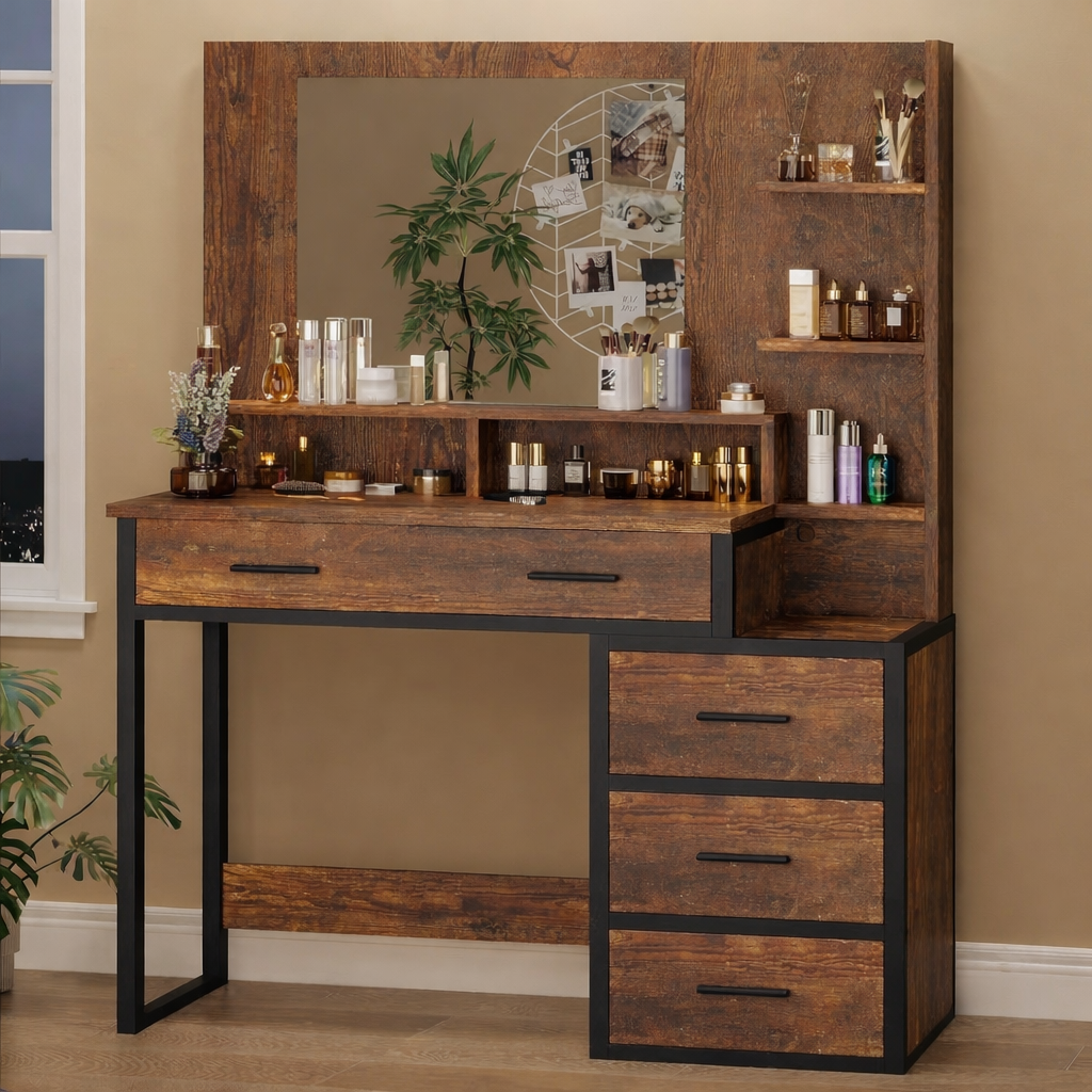 Kaptafel met spiegel: Industrieel 92x40x143.5cm - Bruin/zwart