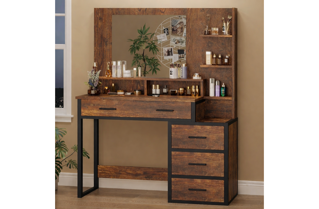 Industriële kaptafel met spiegel | 92x40x143,5cm | Bruin/Zwart