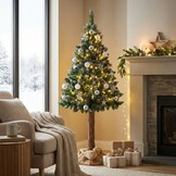 Kunstkerstboom 160 cm - met sneeuw en dennenappels en houten stam