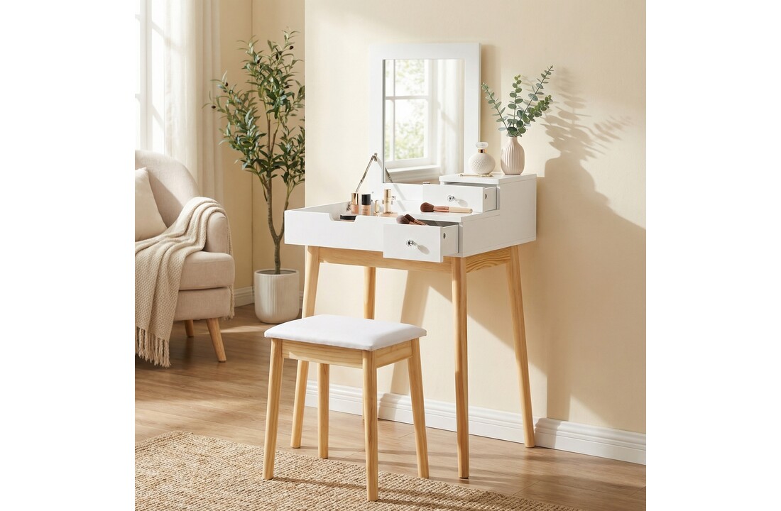 Houten kaptafel wit met klapspiegel en lades - 60x50x76 cm