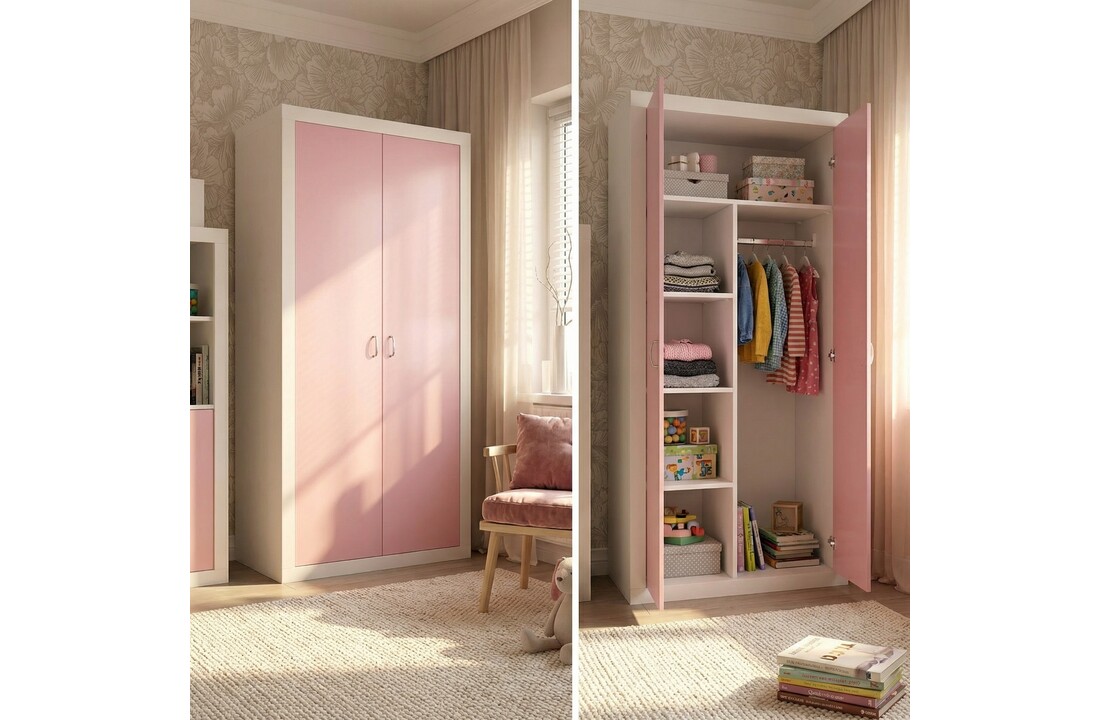 Kledingkast - 90x190x50 cm - wit/roze - 5 schappen - 2 deuren