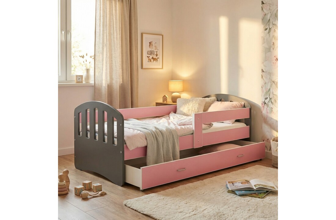 Kinderbed | Houten bed | 140x80cm| met lattenbodem | met uitschuiflade | grijs roze | met matras