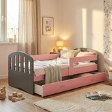 Kinderbed | Houten bed | 140x80cm| met lattenbodem | met uitschuiflade | grijs roze | met matras