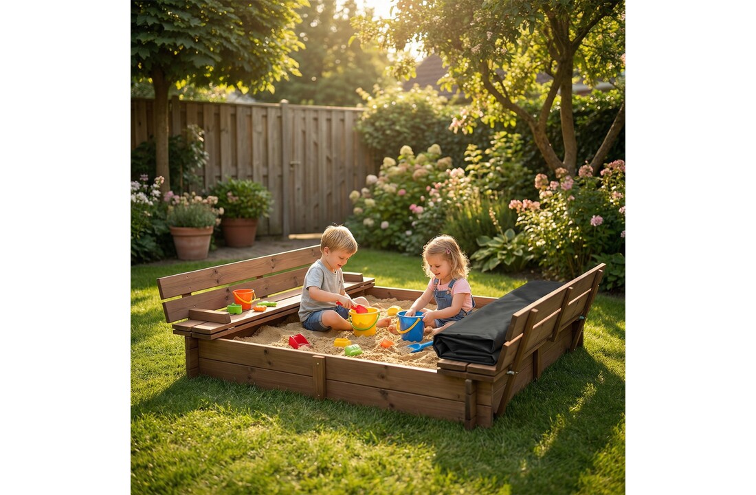 Zandbak hout 160x160 - opvouwbare afdekking tot zitje - dubbel geïmpregneerd bruin