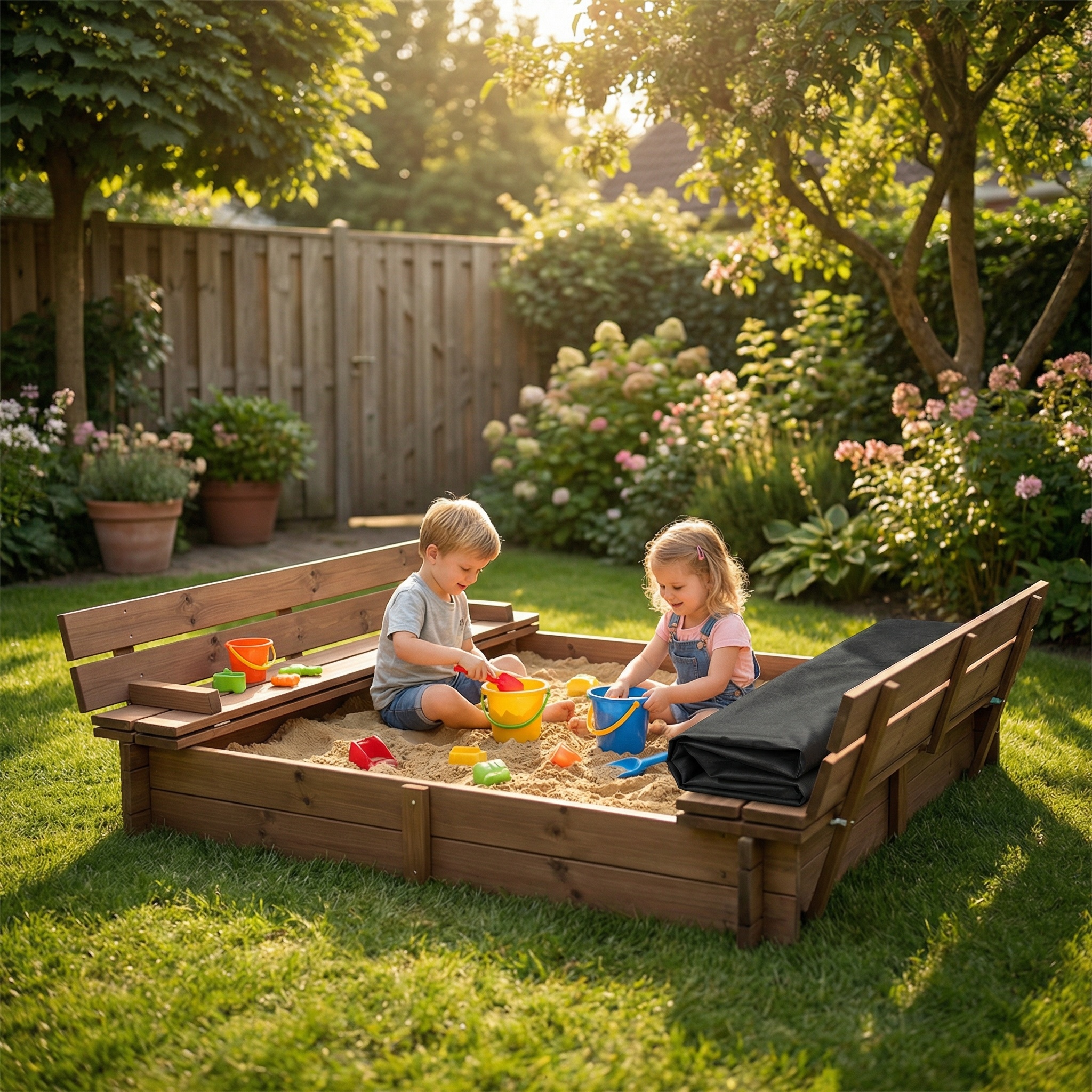 Zandbak hout 160x160 - opvouwbare afdekking tot zitje - dubbel geïmpregneerd bruin