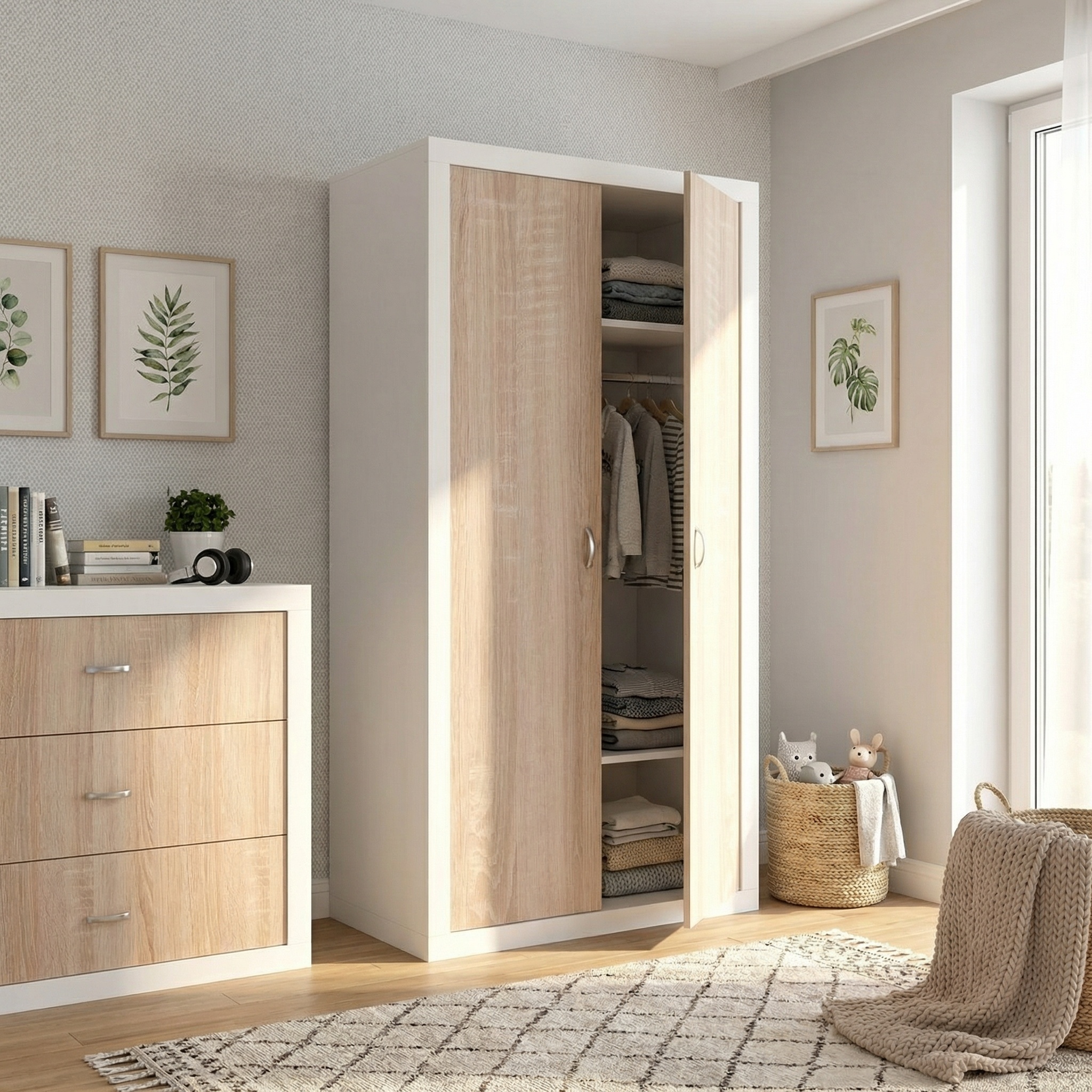 Kledingkast - 90x190x50 cm - wit/Pijnboom - 5 schappen - 2 deuren