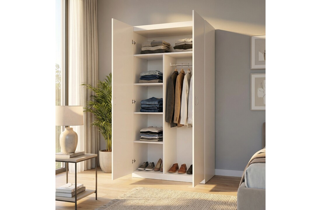 Kledingkast - 2 deuren - 90x190x50 cm - 5 schappen - wit