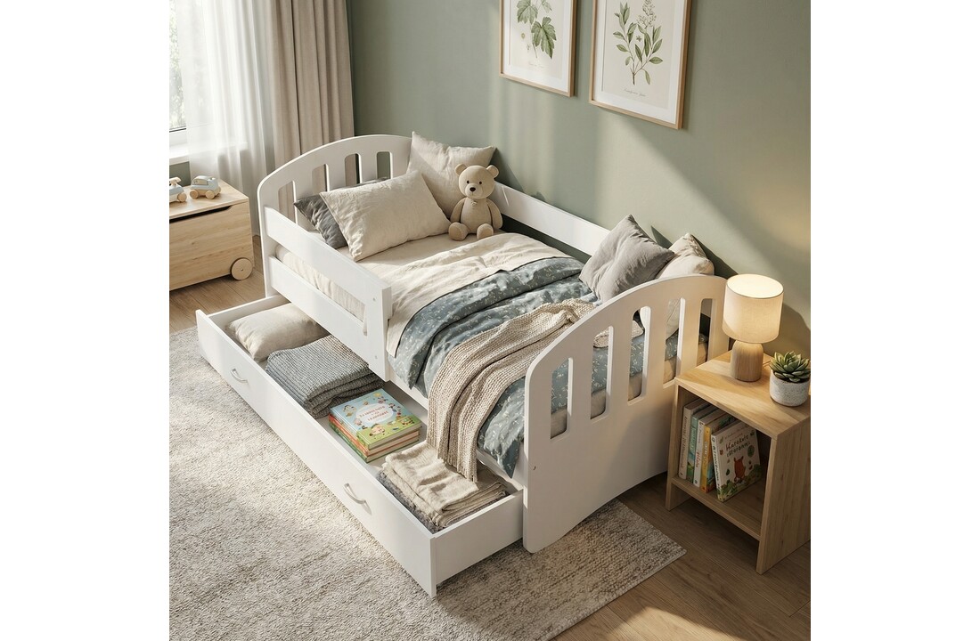 Kinderbed 90x200 cm - houten bed met lade en matras - wit