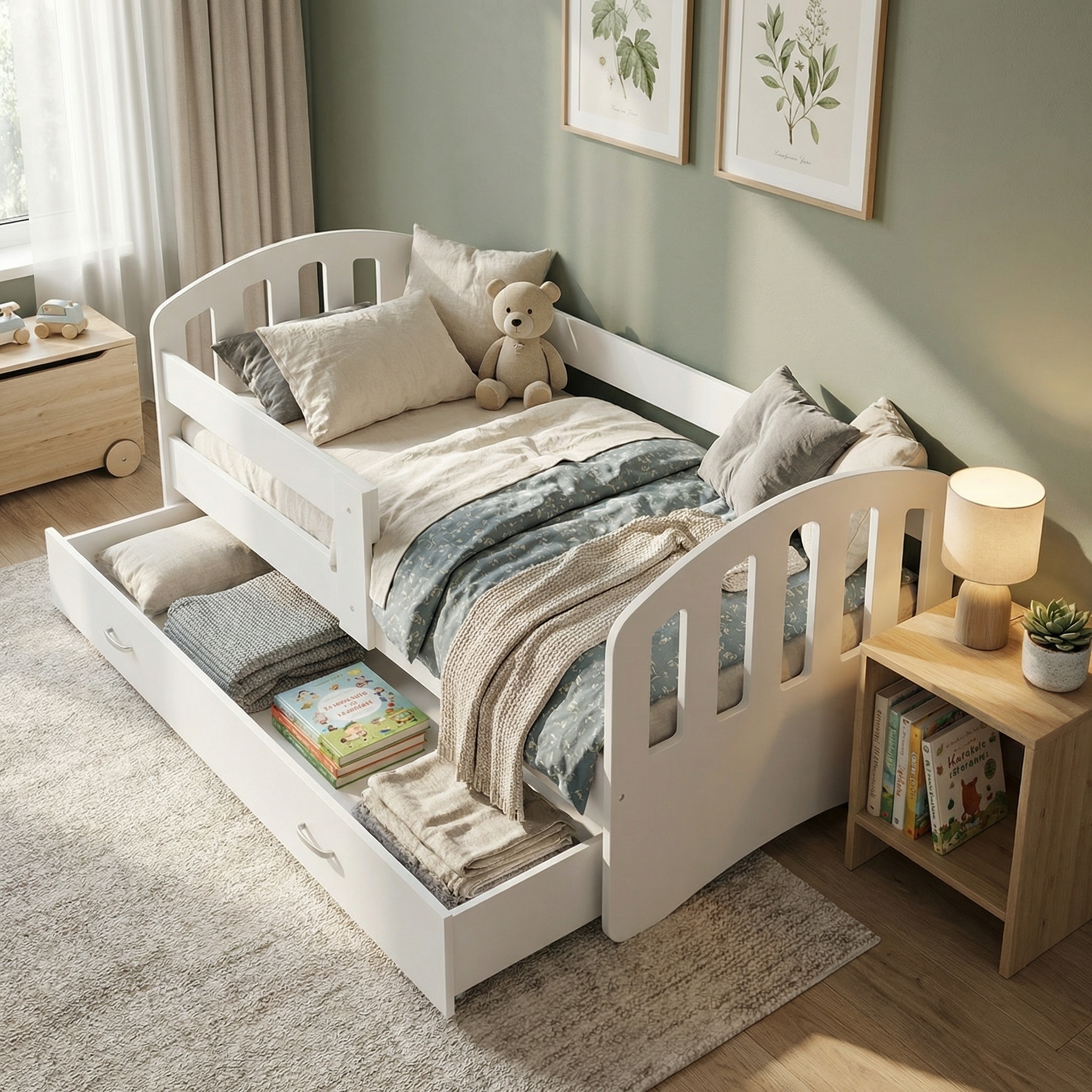 Kinderbed 90x200 cm - houten bed met lade en matras - wit