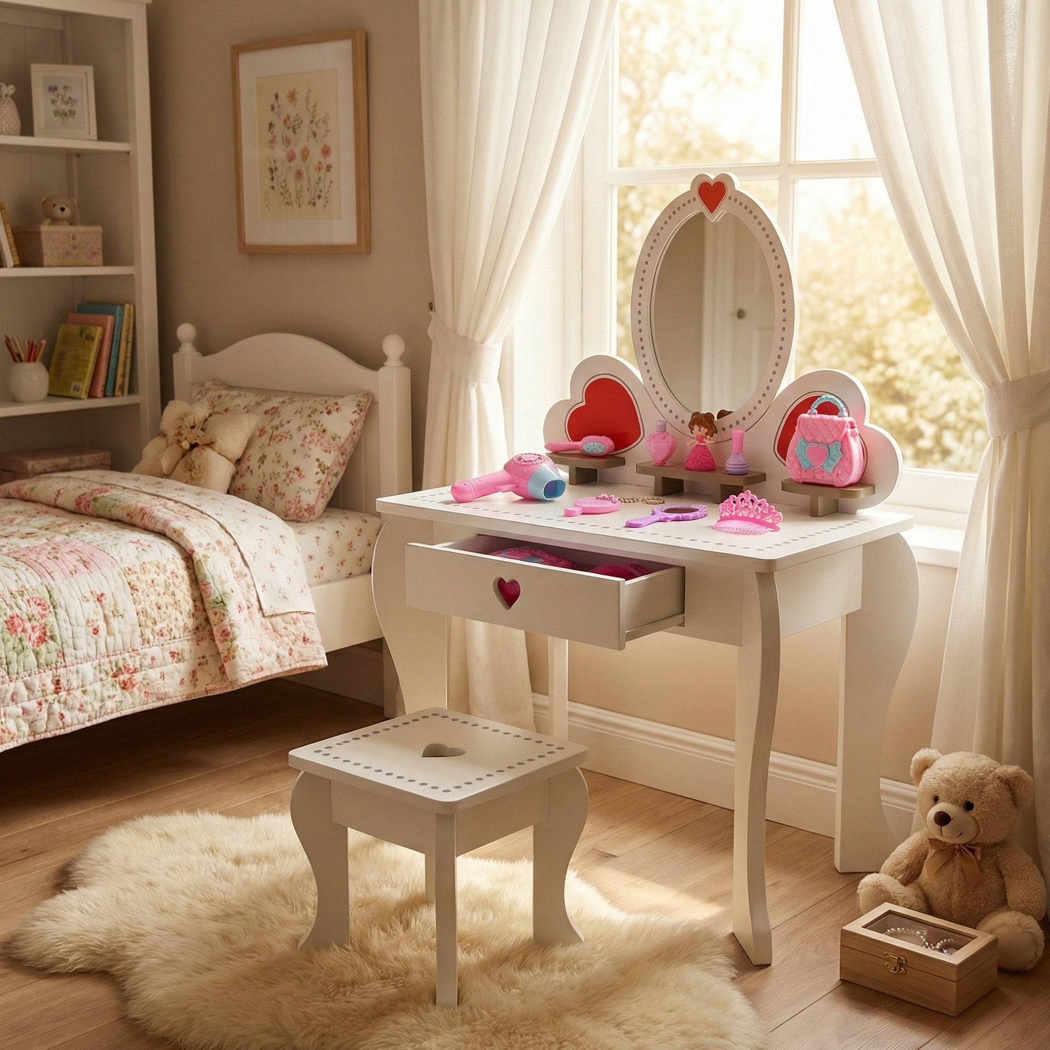 Kinderkaptafel met spiegel en accessoires - 91x50x70cm - wit