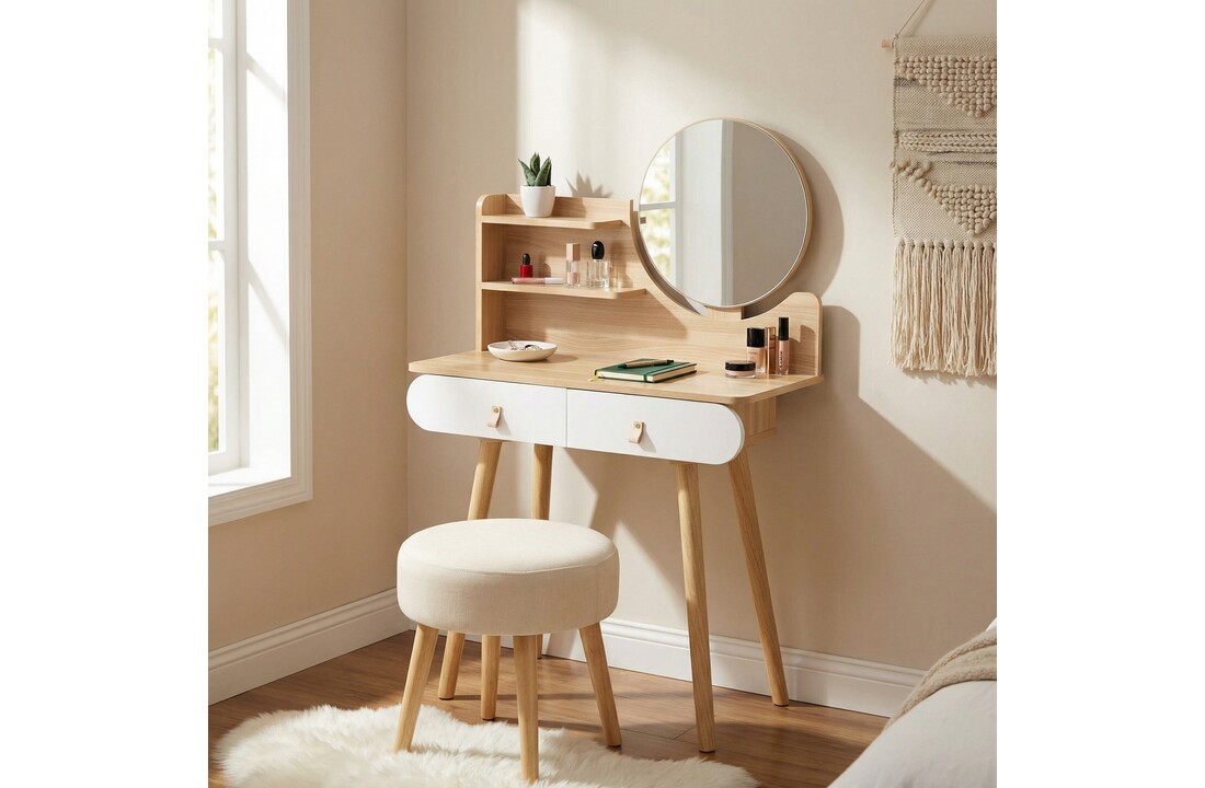 Make up tafel - kaptafel met spiegel - 2 lades - hout wit