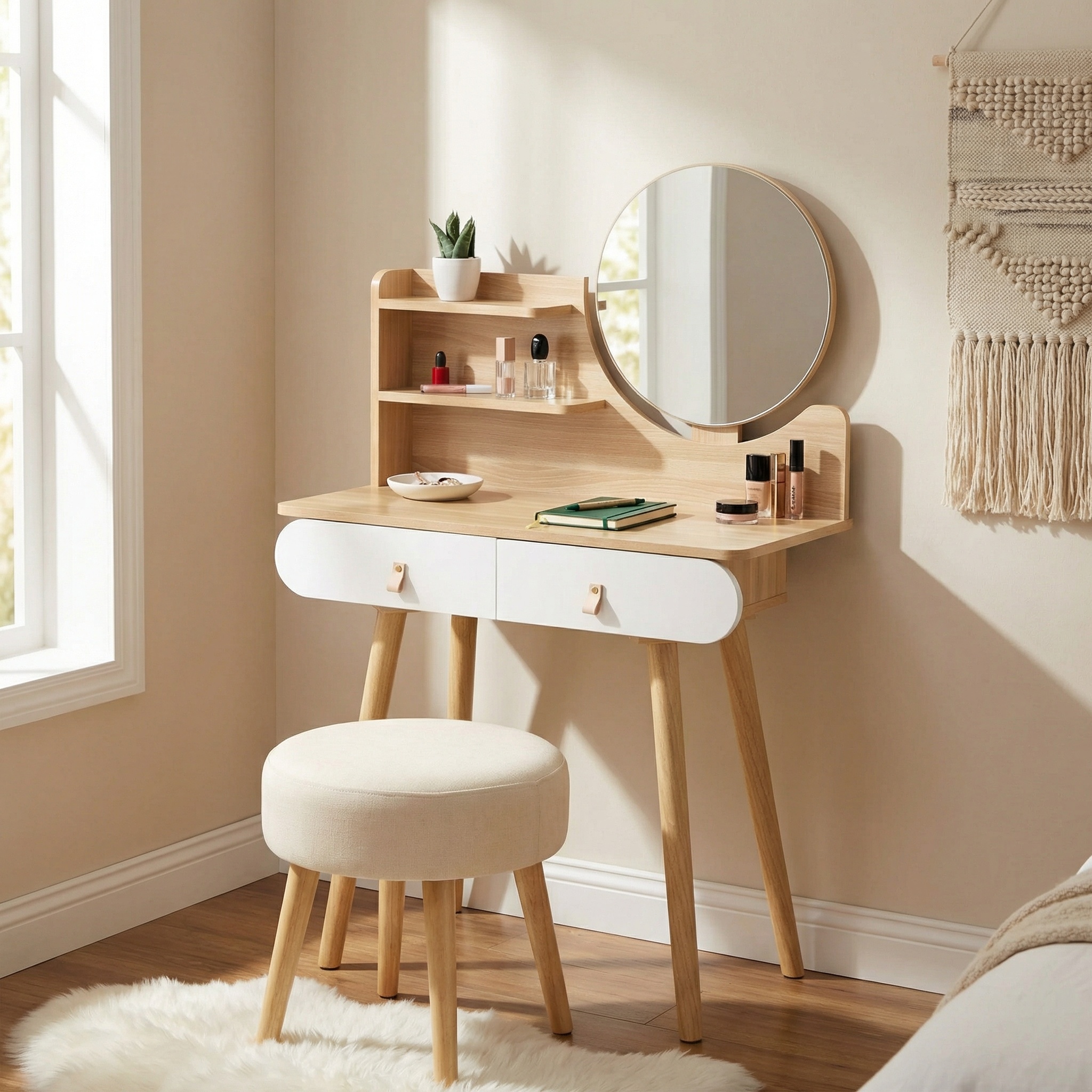 Make up tafel - kaptafel met spiegel - 2 lades - hout wit