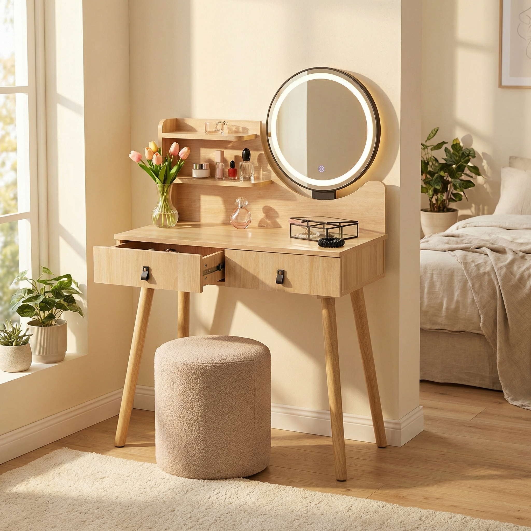 Kaptafel met LED spiegel - make up tafel - 2 lades - hout