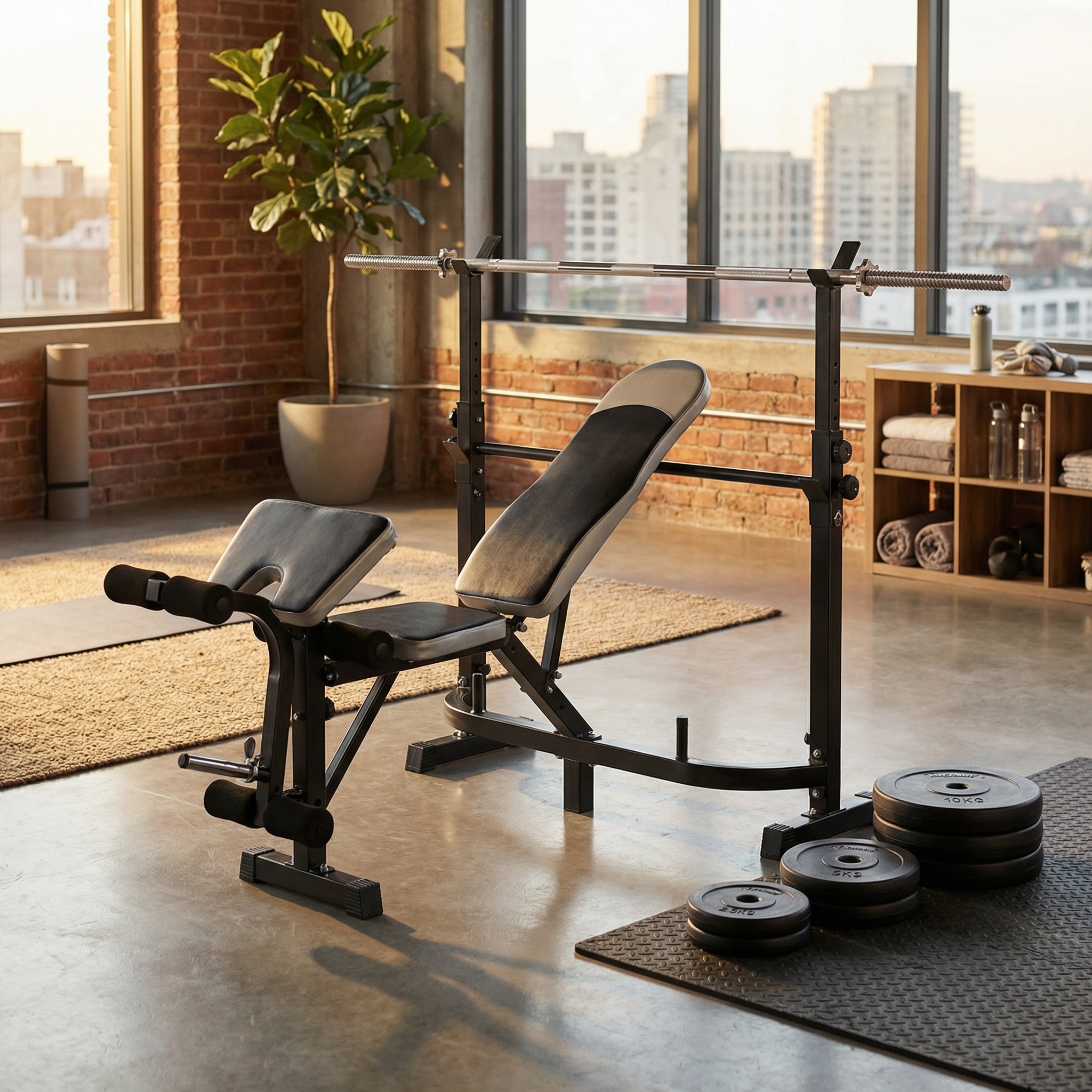 Halterbank fitness met gewichten en halterstang - combinatie set 60 kg