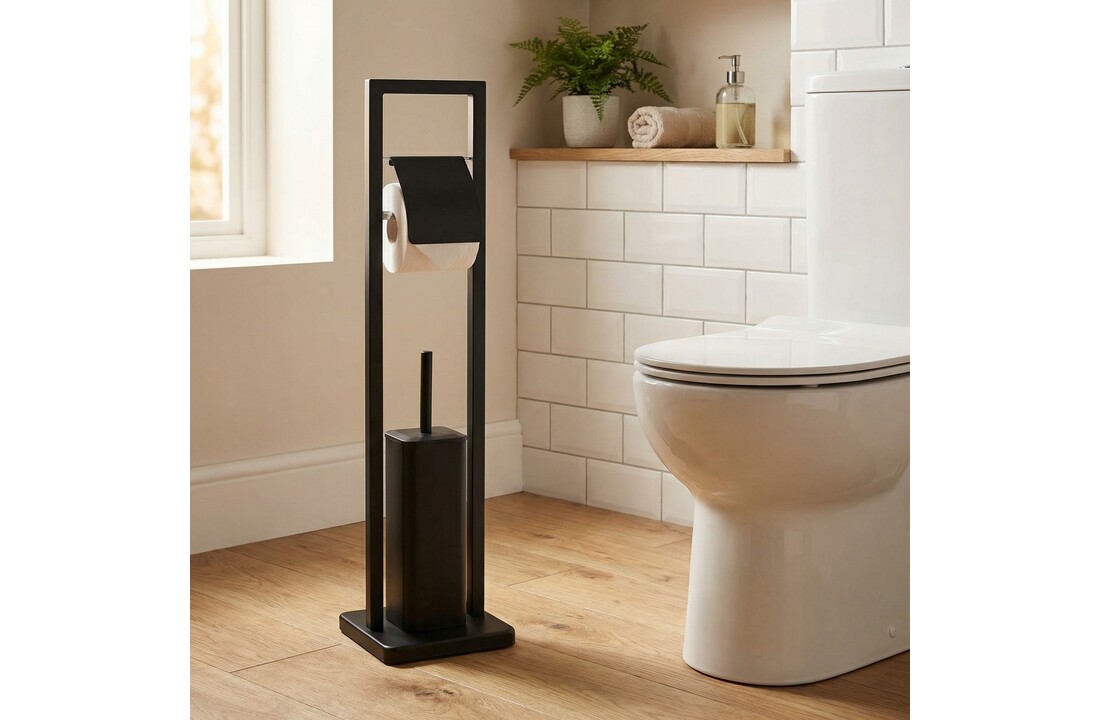 WC rolhouder staand met toiletborstel - 20x80cm - zwart
