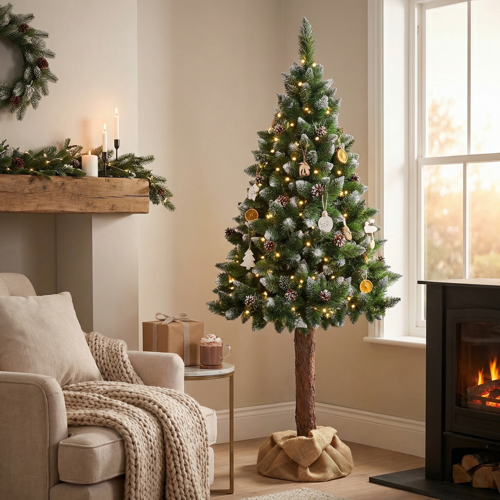 Kunstkerstboom 180 cm - met sneeuw en dennenappels en houten stam