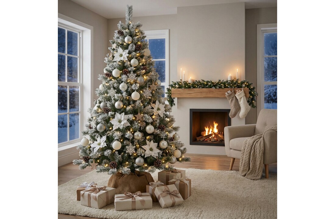 Kunstkerstboom 220 cm - met sneeuw en houten stam