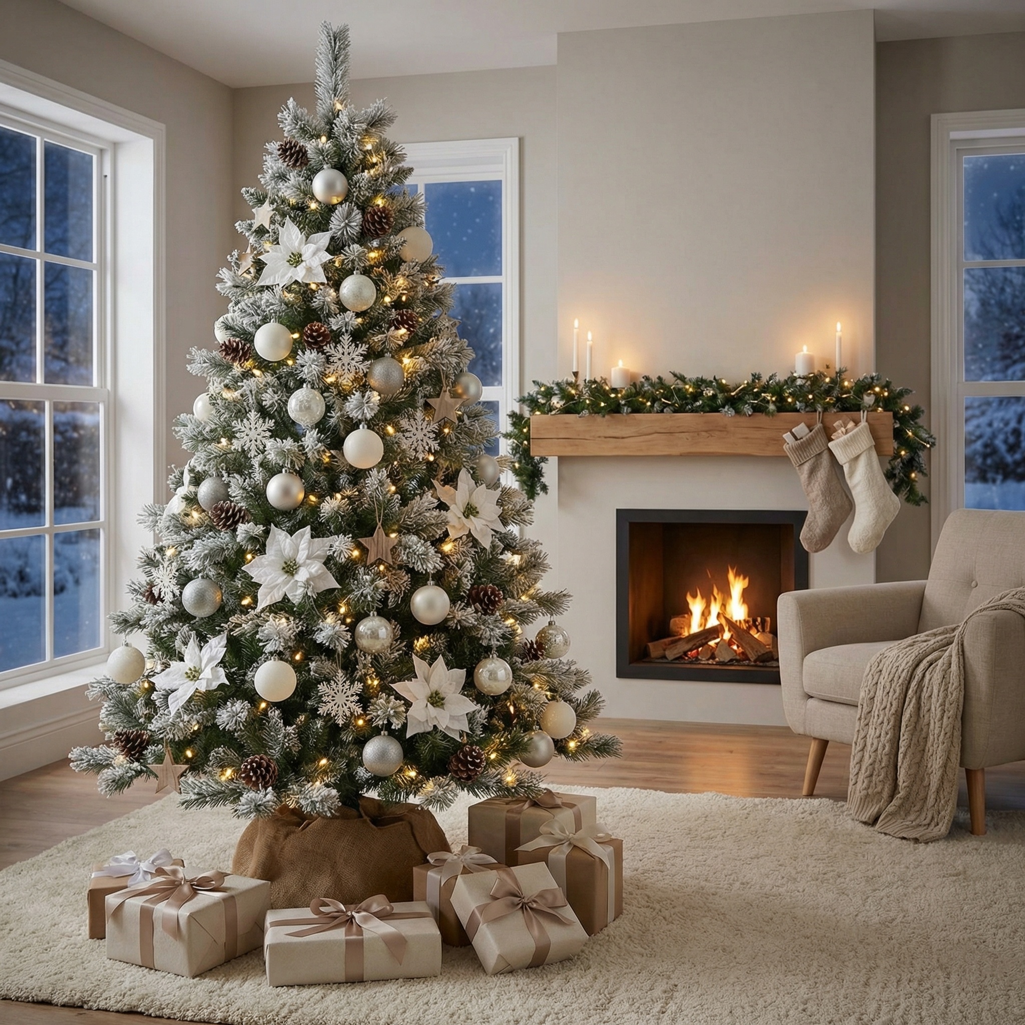 Kunstkerstboom 220 cm - met sneeuw en houten stam