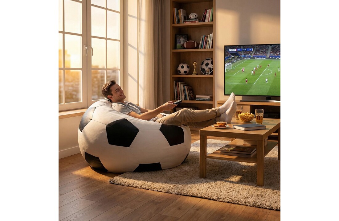 Loungestoel - zitzak - ecoleer - voetbal - zwart/wit