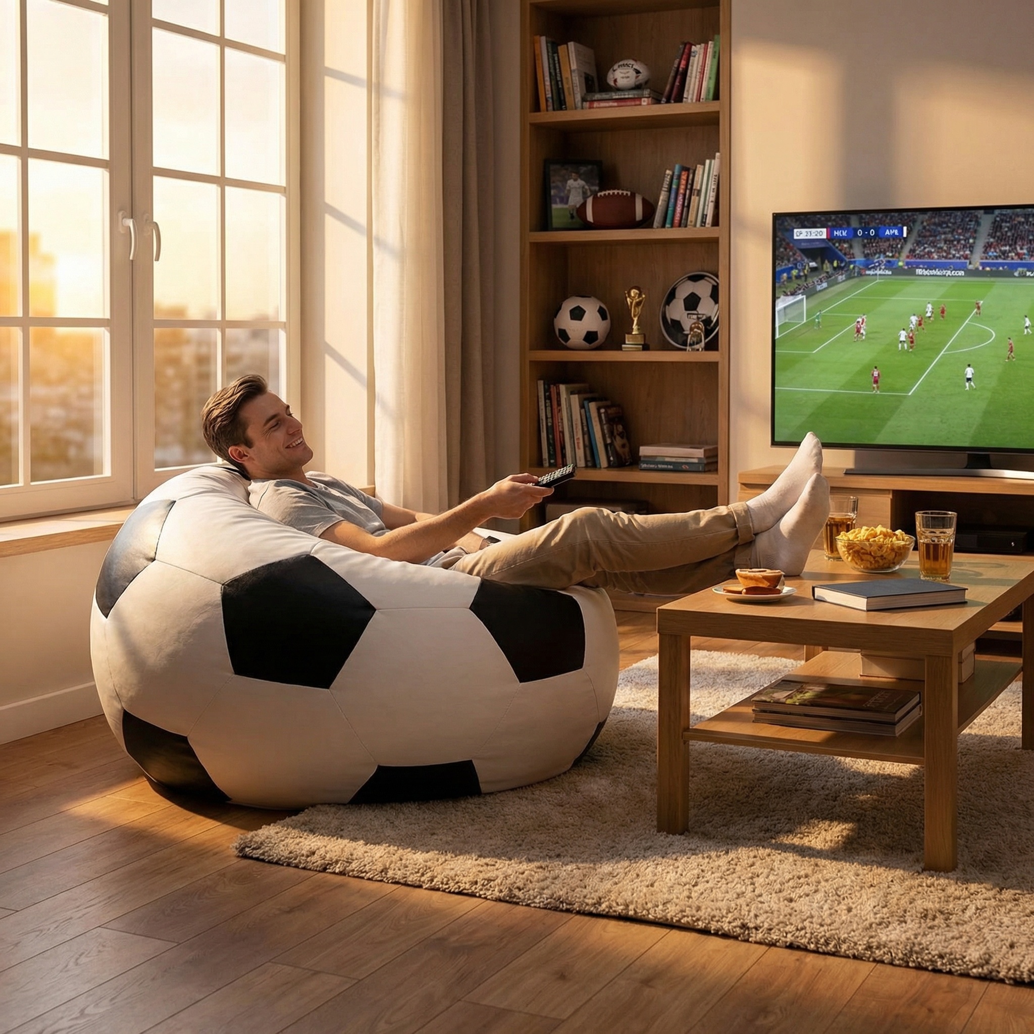 Loungestoel - zitzak - ecoleer - voetbal - zwart/wit