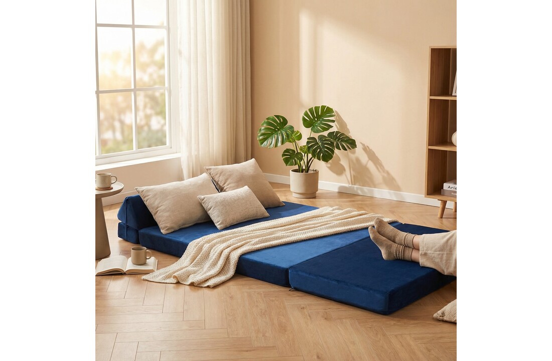 Opvouwbaar matras met hoofdkussen - Wasbare hoes - 200cm x 120cm x 10cm - Donkerblauw
