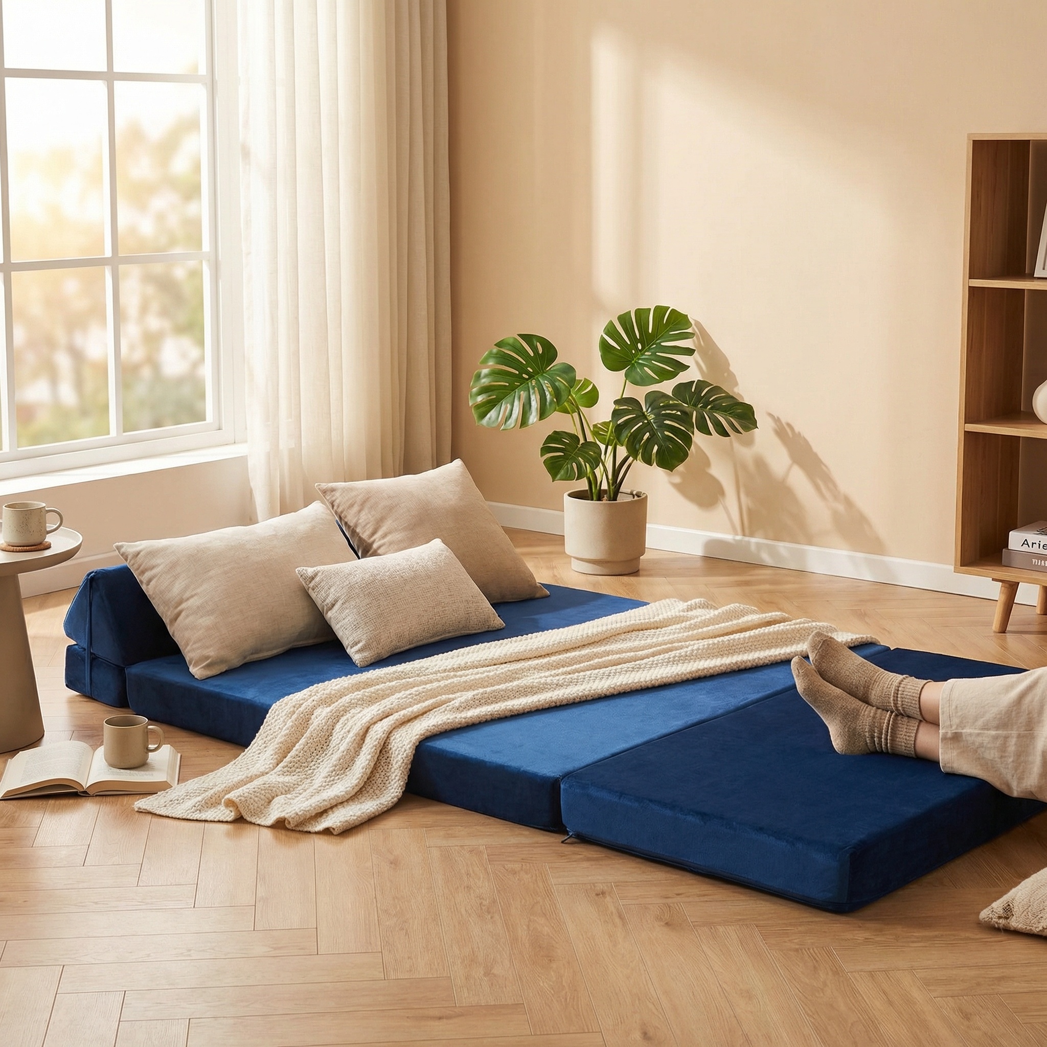 Opvouwbaar matras met hoofdkussen - Wasbare hoes - 200cm x 120cm x 10cm - Donkerblauw