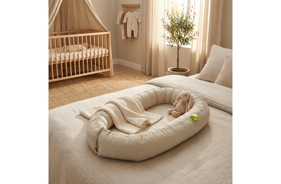 Babynest - baby nestje - 0-8 maanden - 100% katoen - 82x54cm - beige geruit