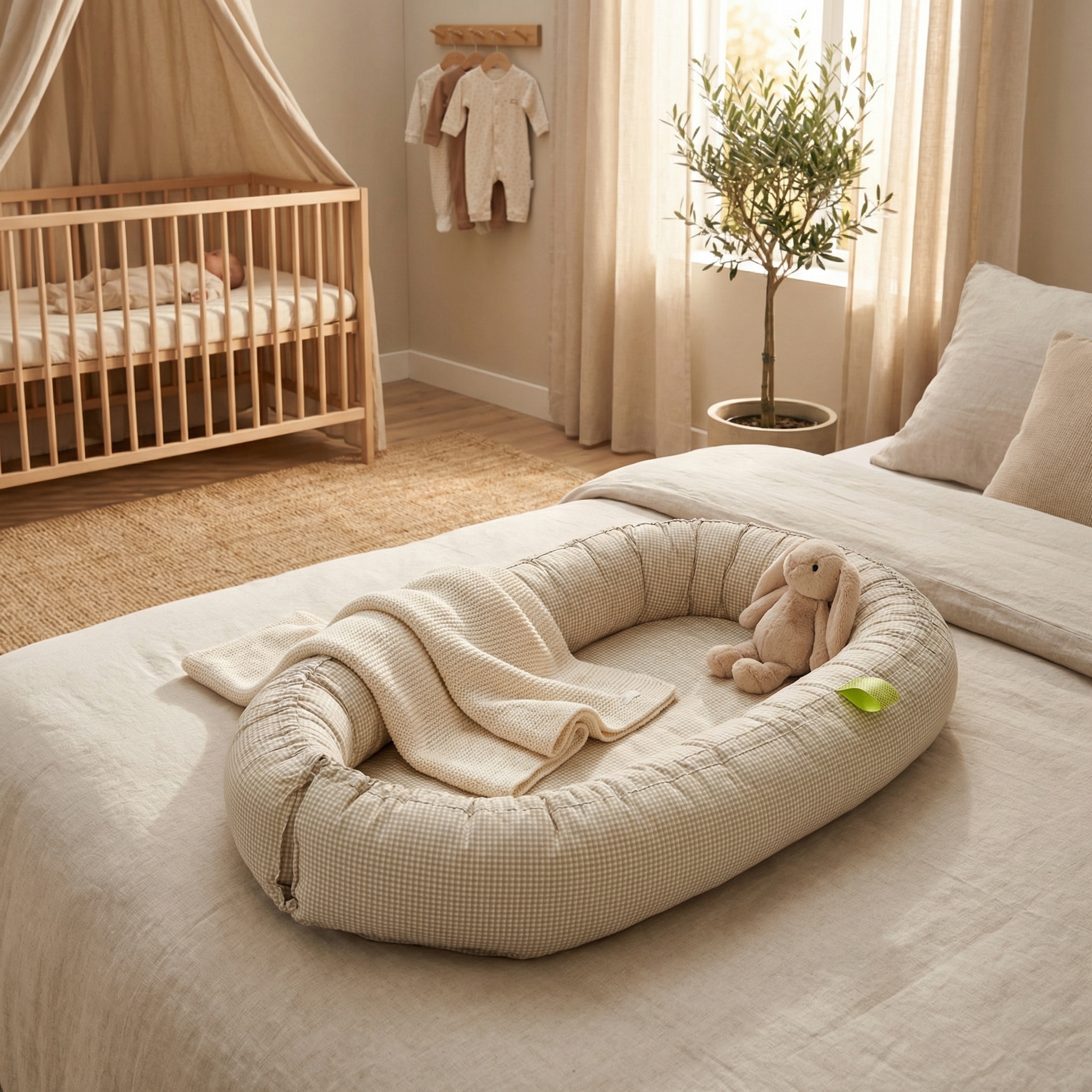 Babynest - baby nestje - 0-8 maanden - 100% katoen - 82x54cm - beige geruit