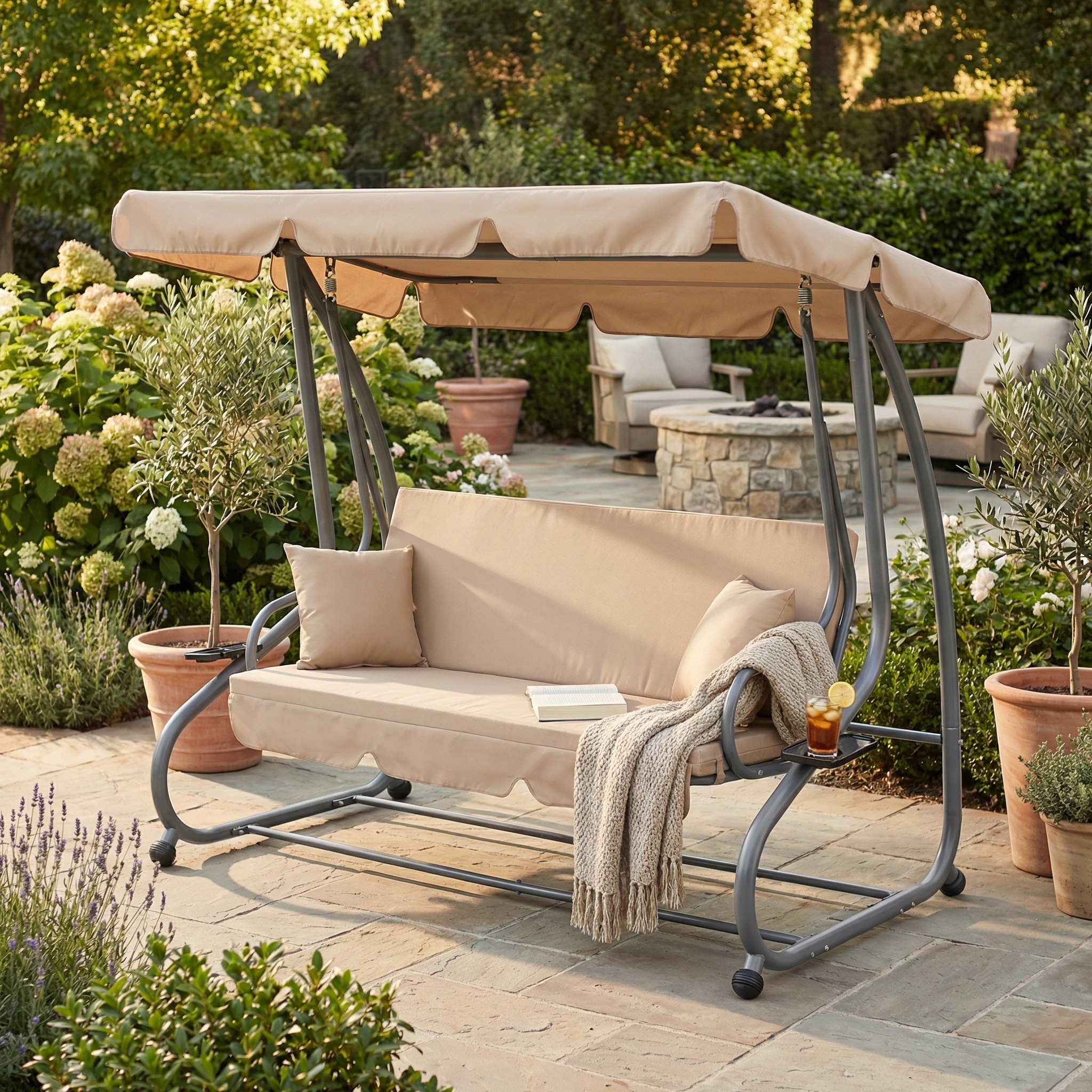 Schommelbank - tuinschommel - met klapbare rugleuning - beige