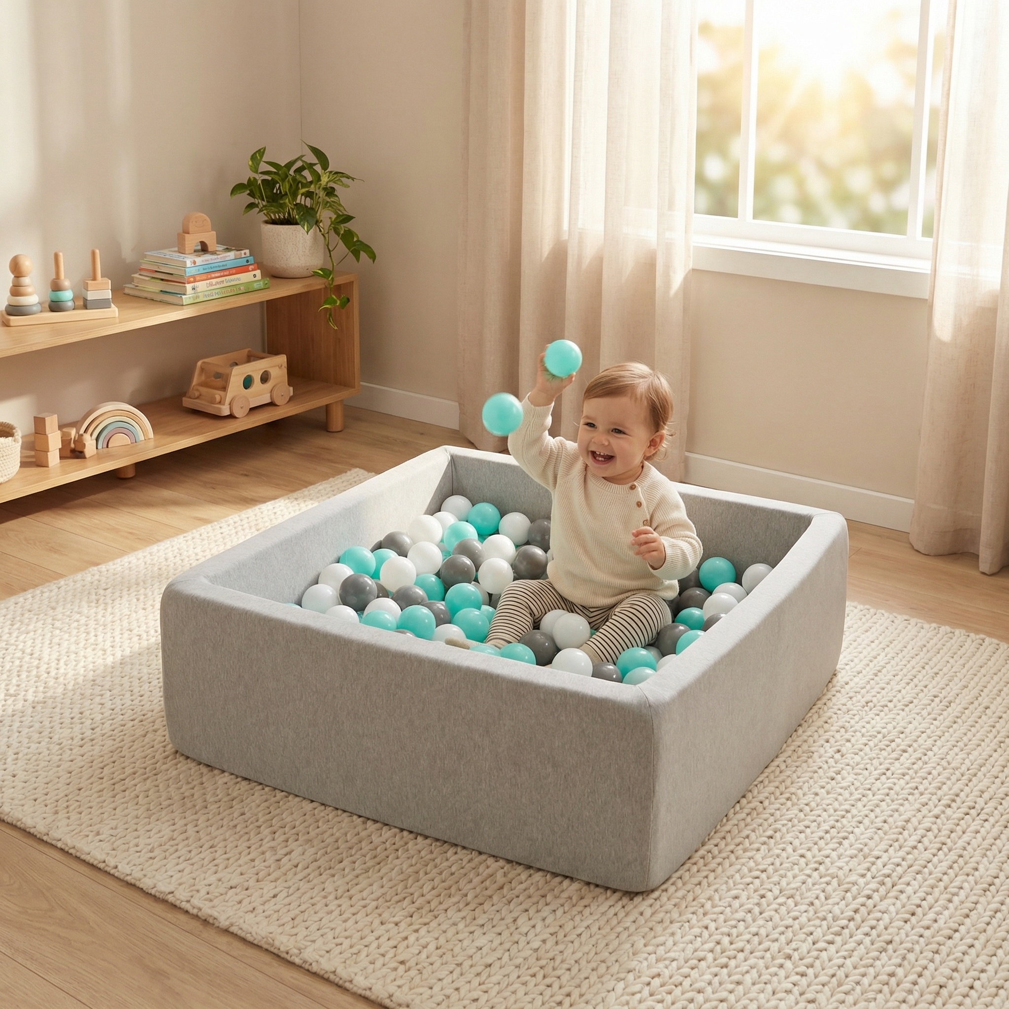 Ballenbak - stevige ballenbad - 90x90 cm - 150 ballen Ø 7 cm - wit, grijs, turquoise.
