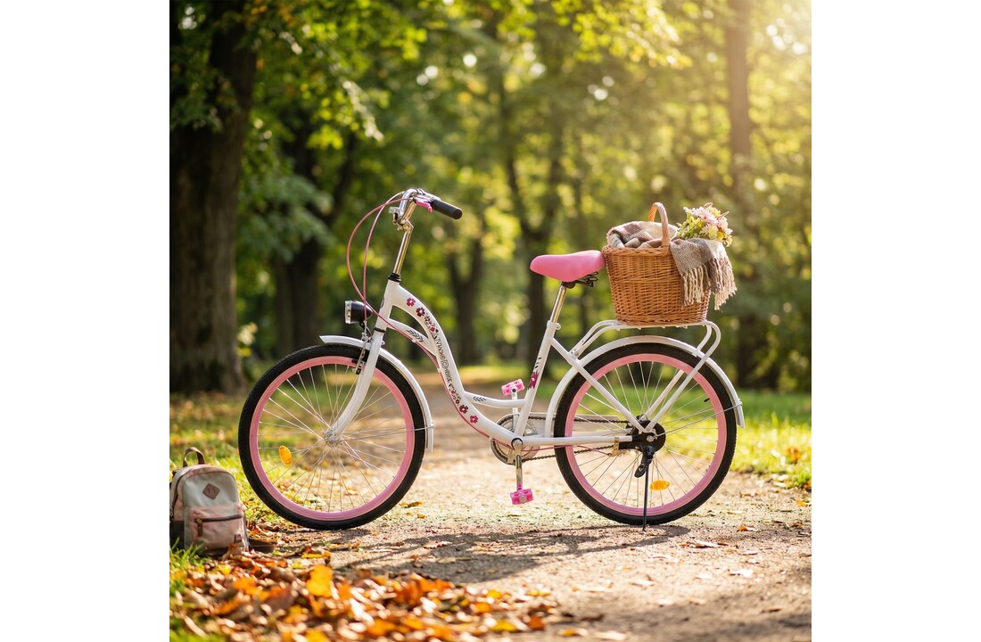 Meisjesfiets 24 inch - wit met roze - 1 versnelling