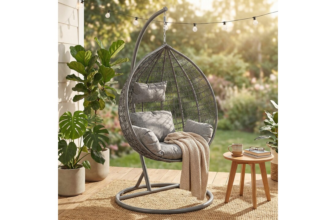 Hangstoel - ei stoel - met grijze standaard & kussens - tot 125kg