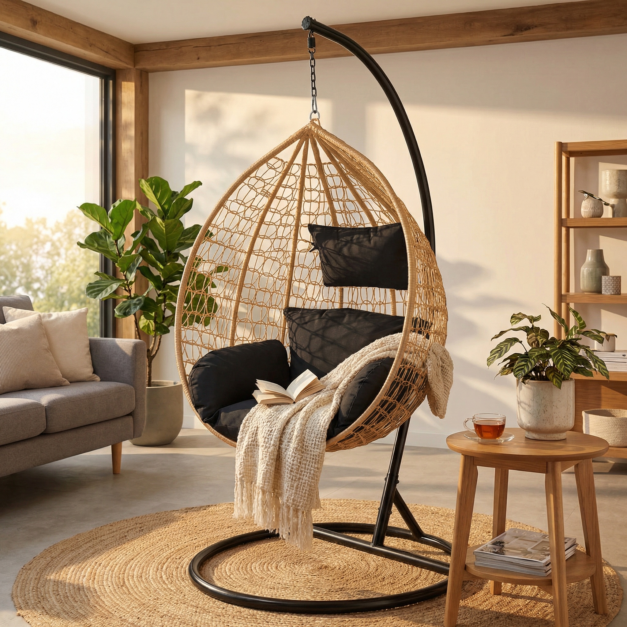 Hangstoel - ei stoel - met zwarte standaard & kussens - tot 150kg