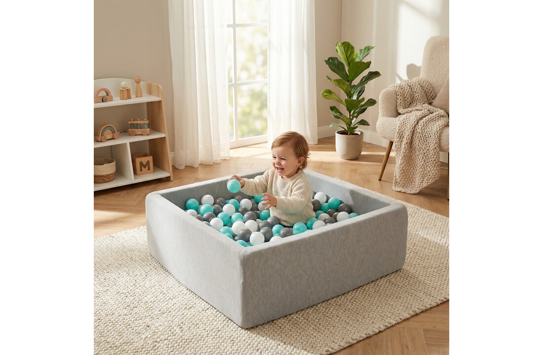 Ballenbak - stevige ballenbad - 90x90 cm - 300 ballen Ø 7 cm - wit, grijs, turquoise.