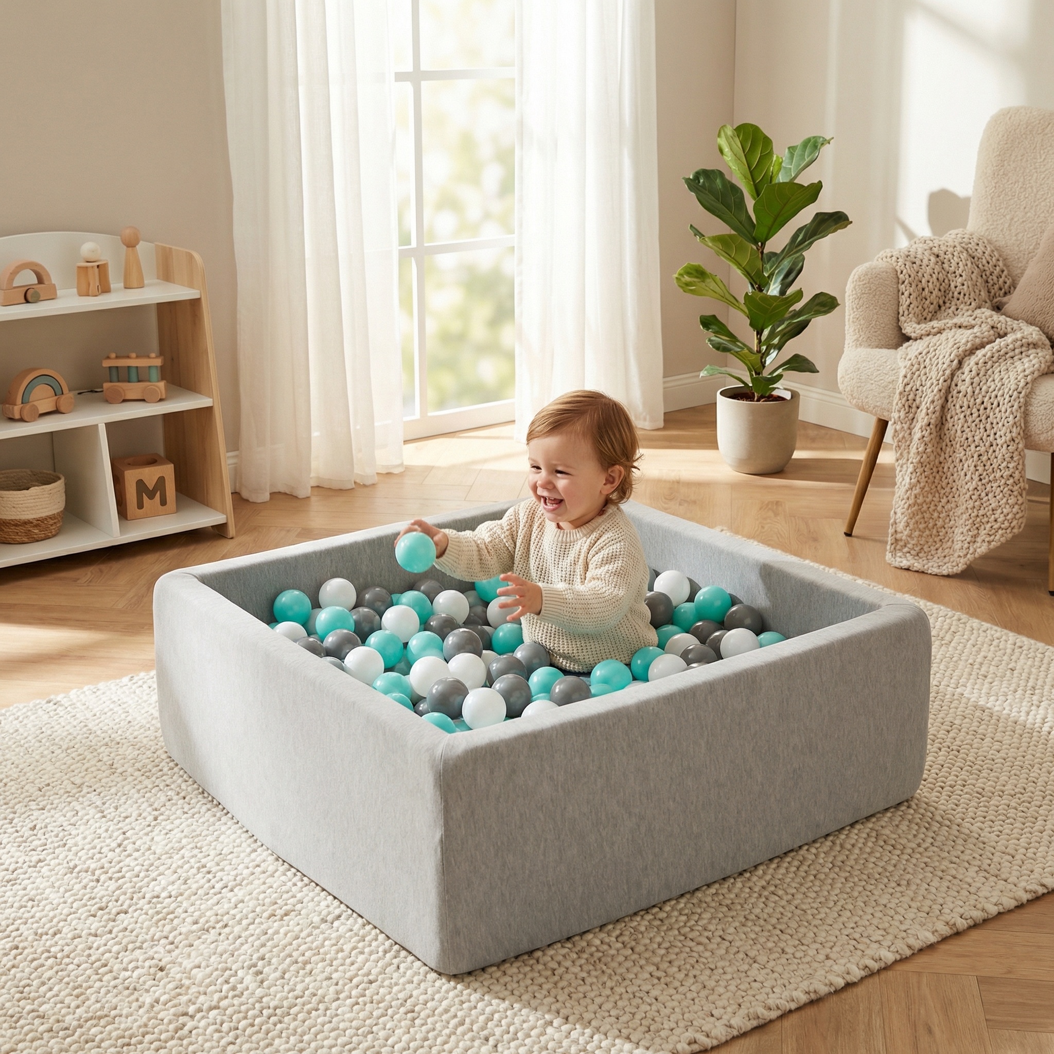 Ballenbak - stevige ballenbad - 90x90 cm - 300 ballen Ø 7 cm - wit, grijs, turquoise.