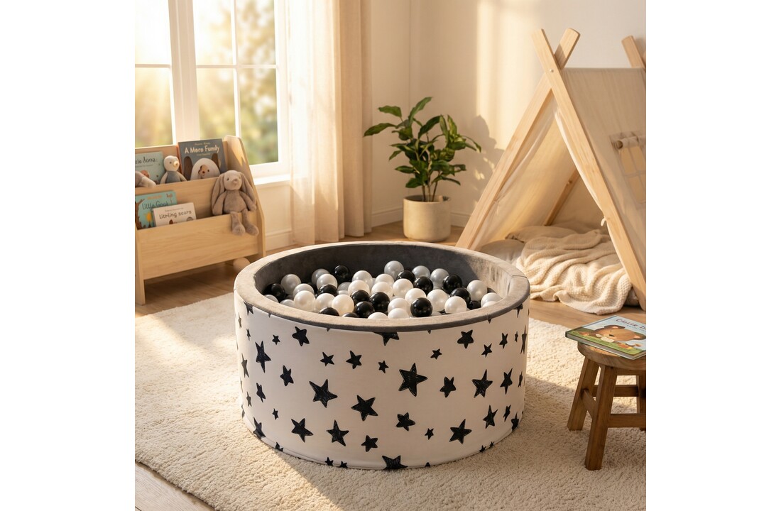 Ballenbak - stevige ballenbad - sterrenpatroon -90 x 40 cm - 200 ballen Ø 7 cm - parel kleur en zwart