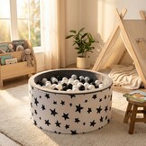 Ballenbak - stevige ballenbad - sterrenpatroon -90 x 40 cm - 200 ballen Ø 7 cm - parel kleur en zwart