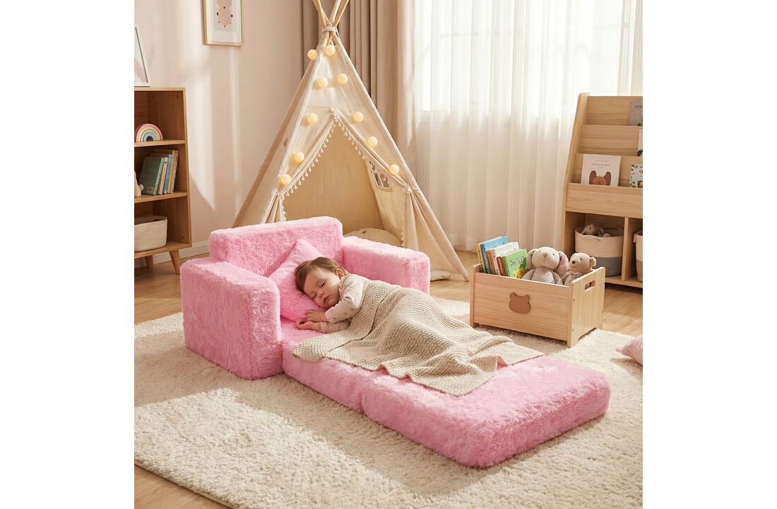 Kinder Slaapbank en logeerbed in één - 100cm x 36cm x 25cm - roze pluche