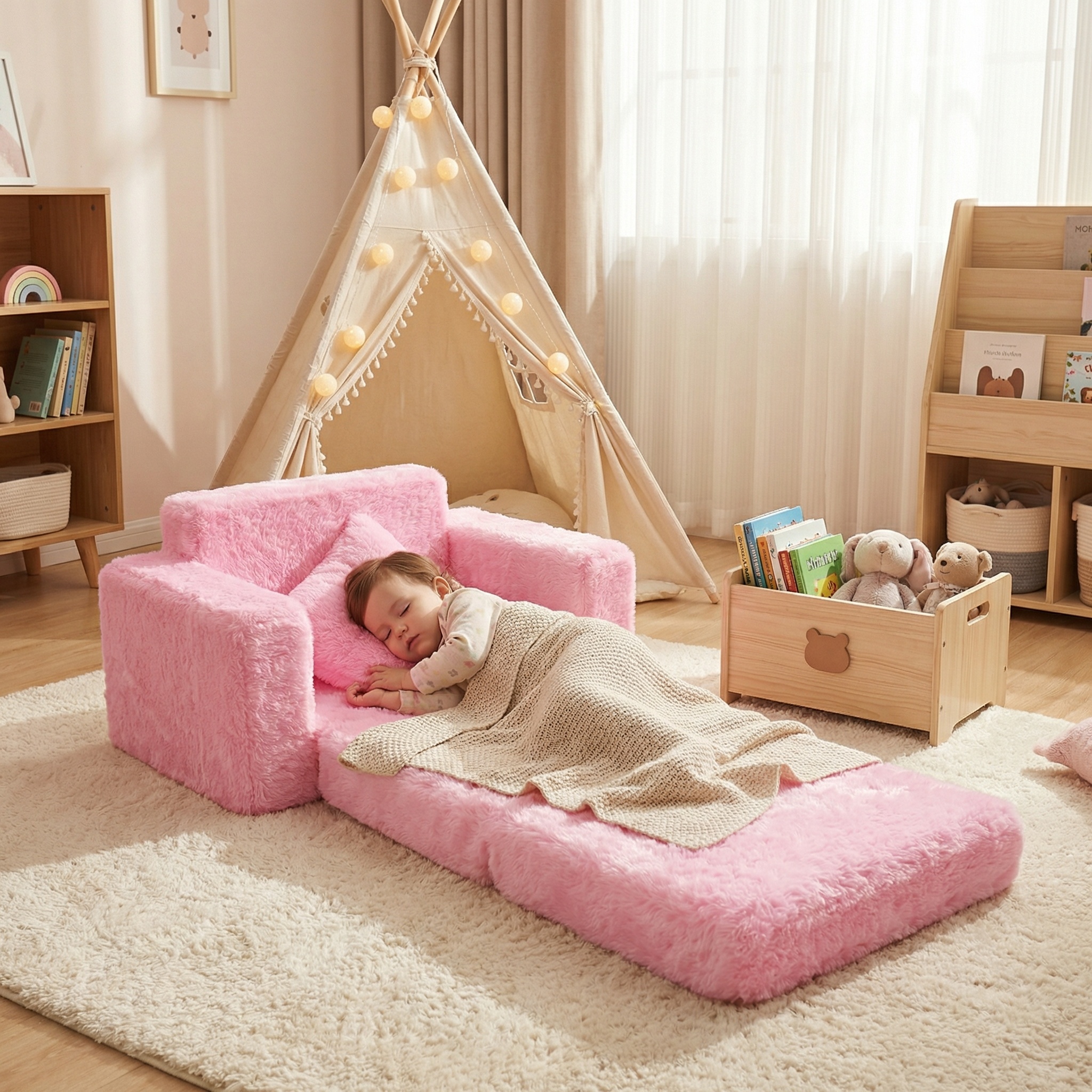 Kinder Slaapbank en logeerbed in één - 100cm x 36cm x 25cm - roze pluche