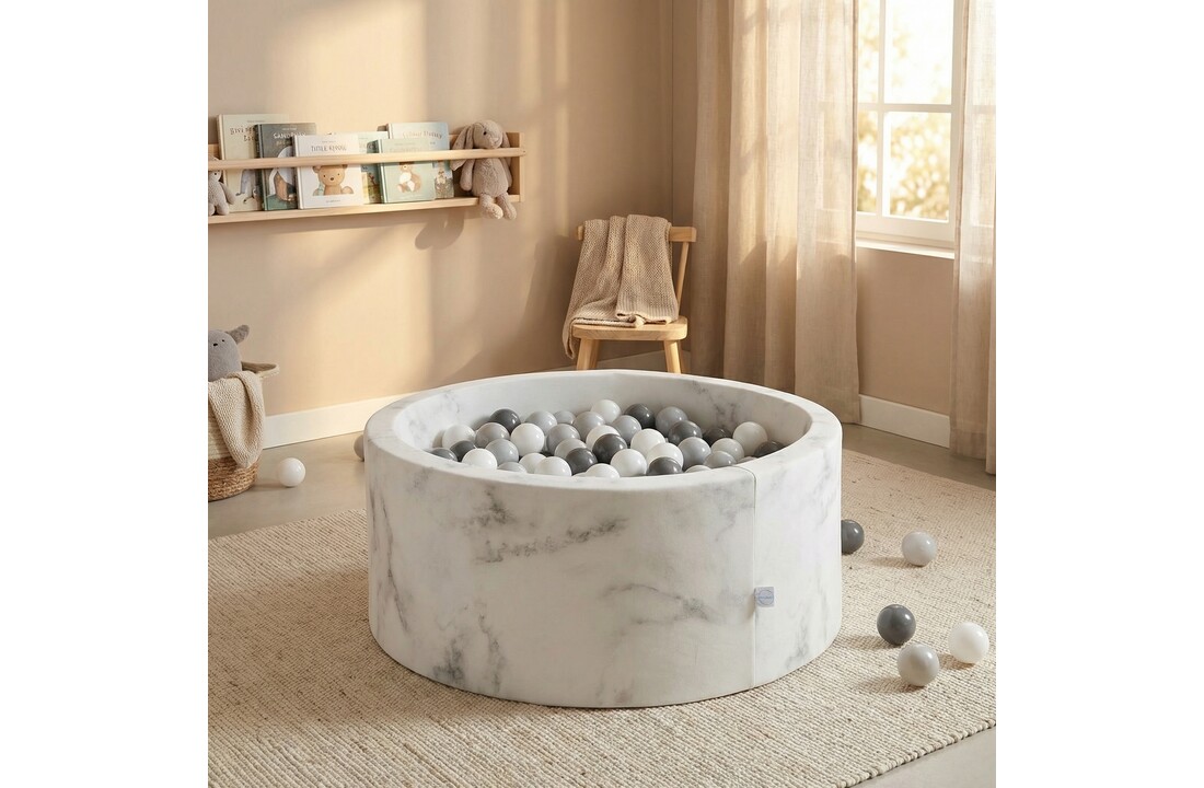 Ballenbak marmer met 300 witte, grijze en donkergrijze ballen - 90 x 40 cm - rond