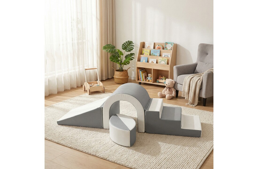 Foam blokken - soft play - brug set met glijbaan - wit grijs